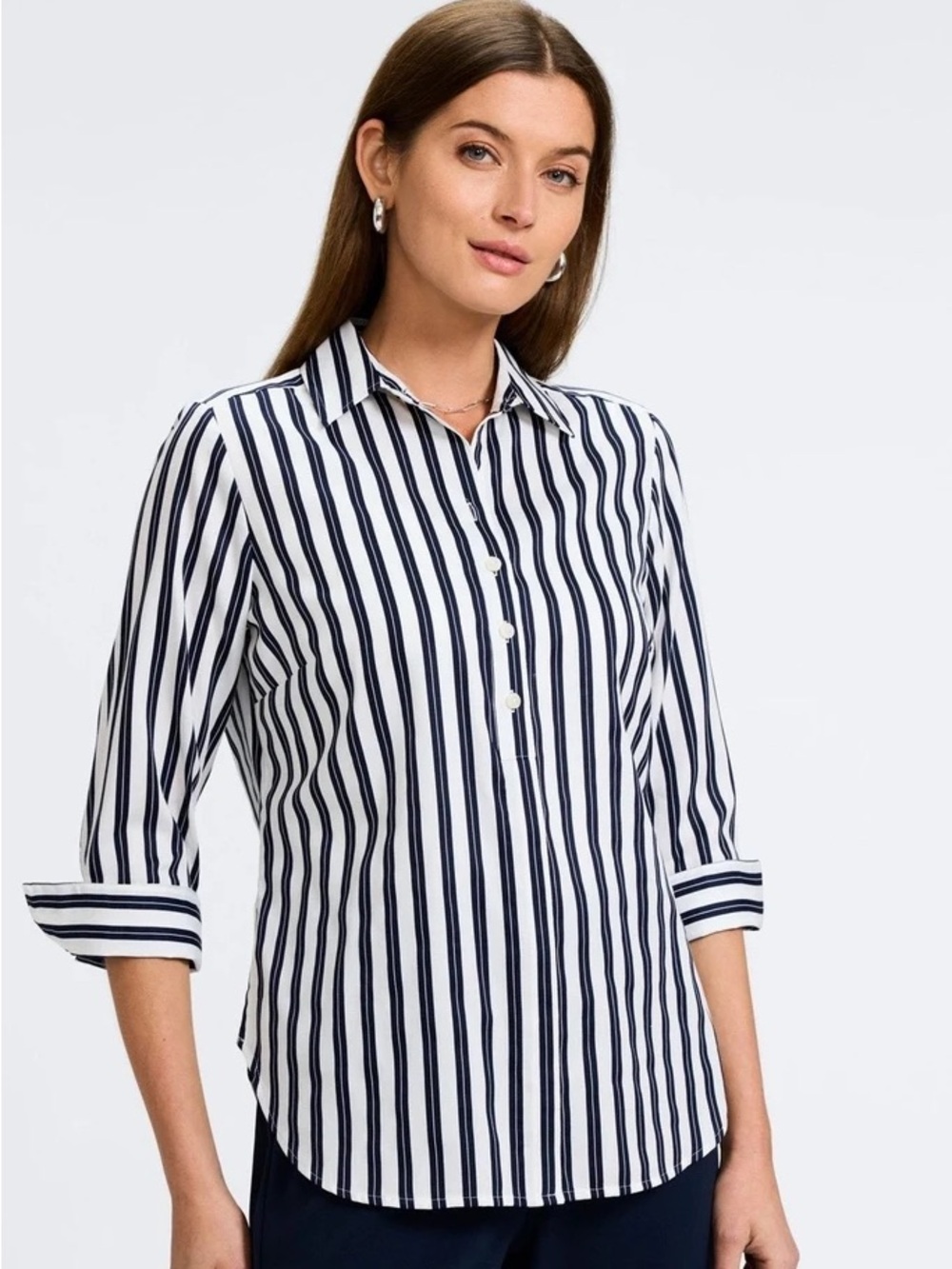 Foxcroft Madison Double Stripe 3/4 Sleeve Shirt